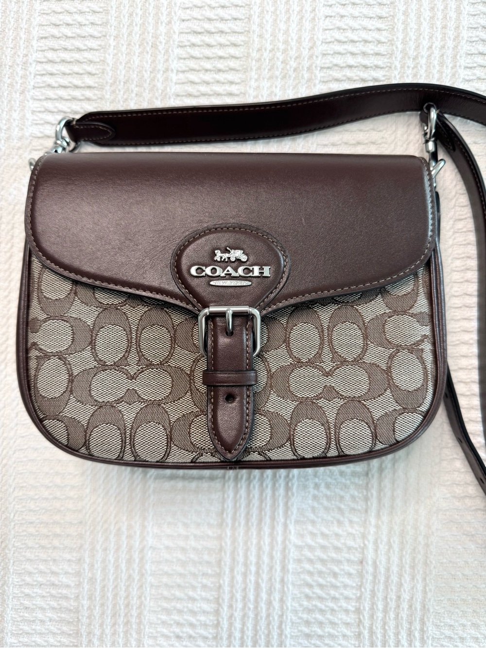 Coach Amelia Saddle Bag Signature Jacquard Oak Maple Brown Crossbody